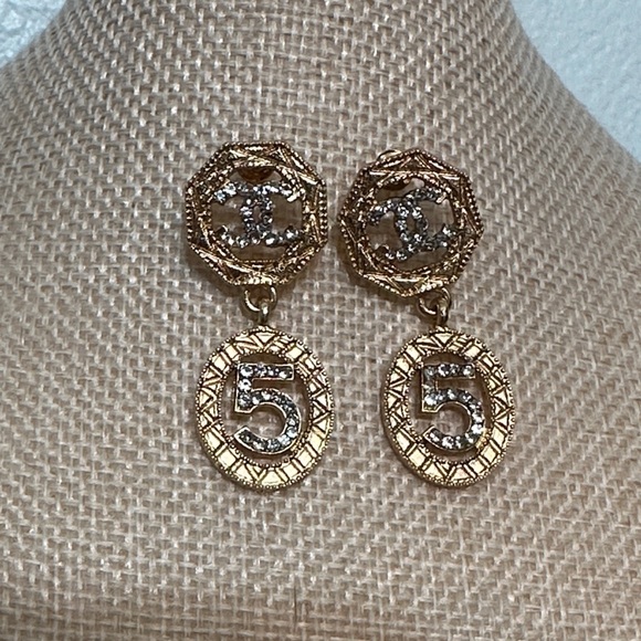 CHANEL Gold and Silver Number 5 Earrings - Picture 2 of 5